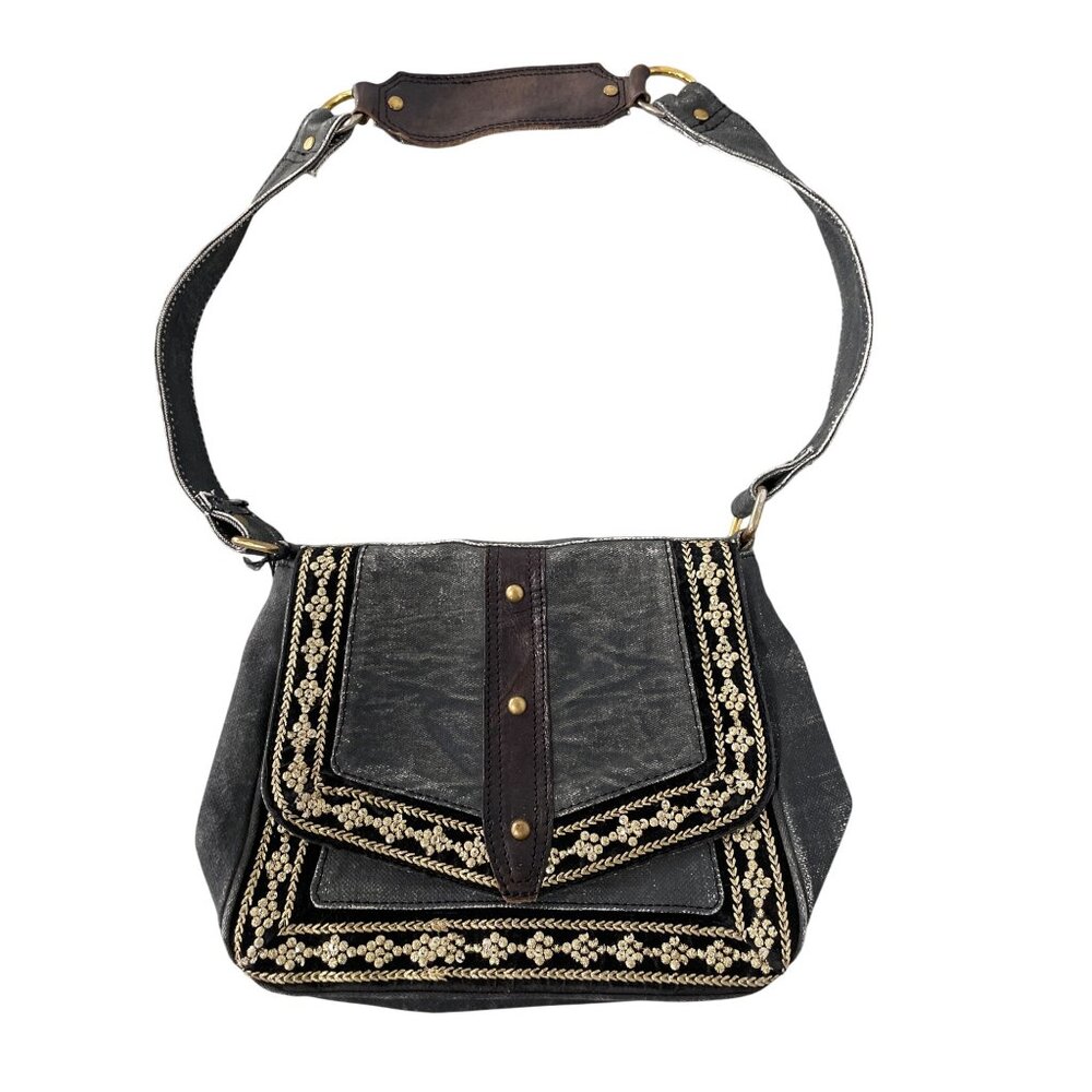 Mona B Stella Embroidered Shoulder Bag Flap Front Black Gold Canvas Bohemian NEW